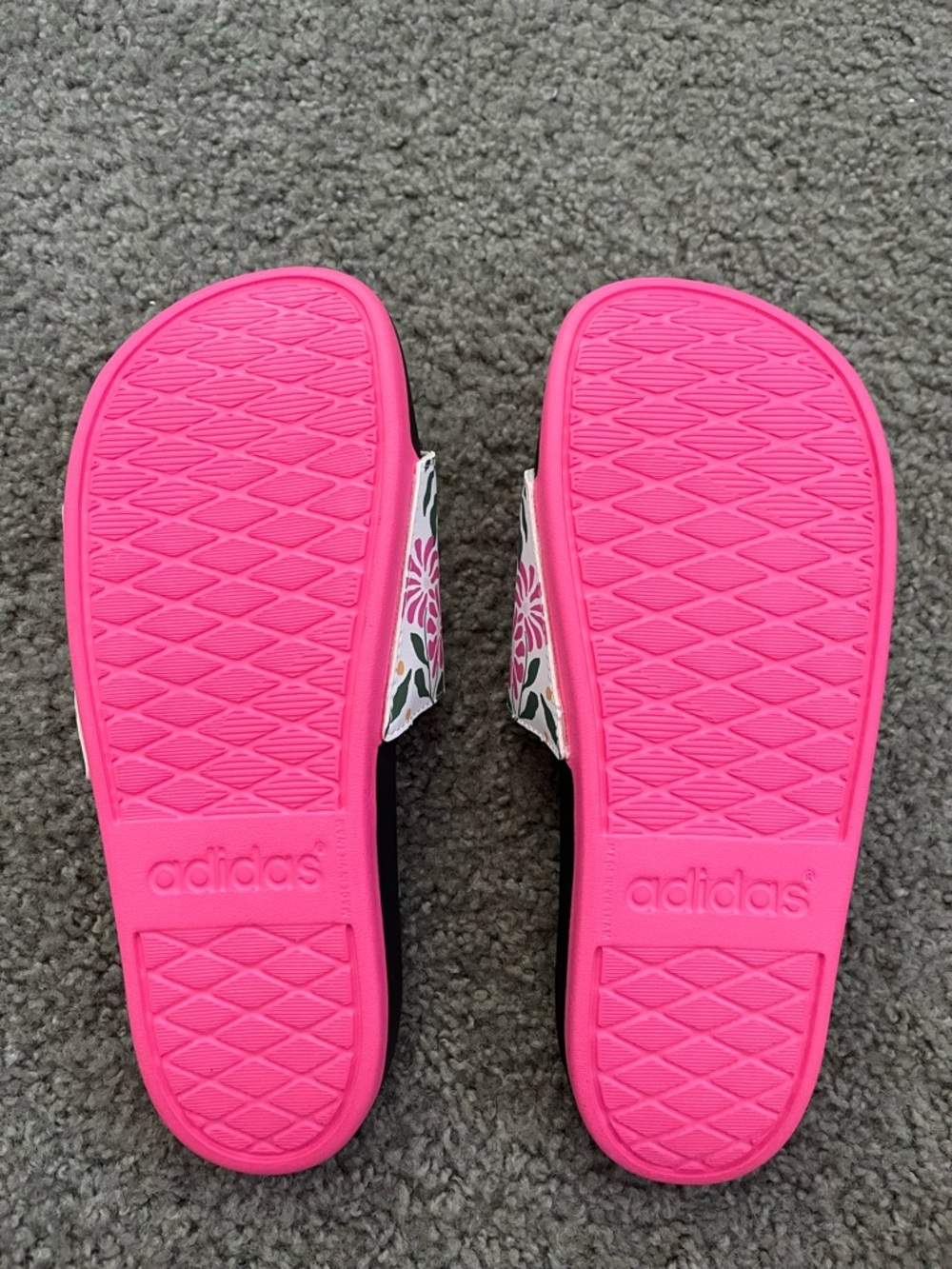 adidas Black Slide Sandals with Pink Trim and Floral Strap - Picture 3 of 8
